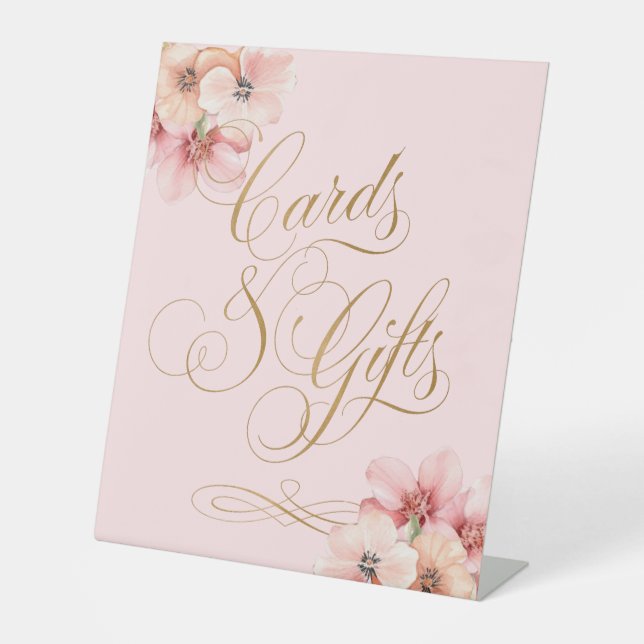 Elegant Pink Gold Floral Cards and Gifts Pedestal Sign (Front)