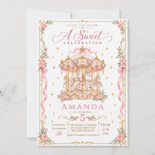 Elegant Pink Gold Floral Carousel Birthday Invitation