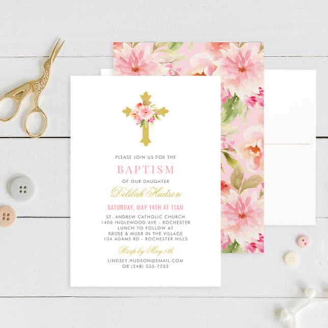 Elegant Pink Gold Floral Cross Baby Girl Baptism Invitation (Creator Uploaded)