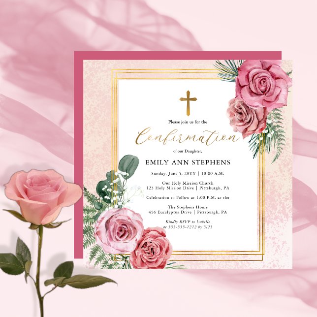 Elegant Pink | Gold Floral Frame Girl Confirmation Invitation (Elegant Pink and Gold Tone Floral Frame Girl Confirmation Square Invitation)