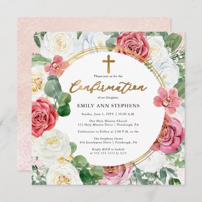 Elegant Pink | Gold Floral Frame Girl Confirmation Invitation (Front/Back)