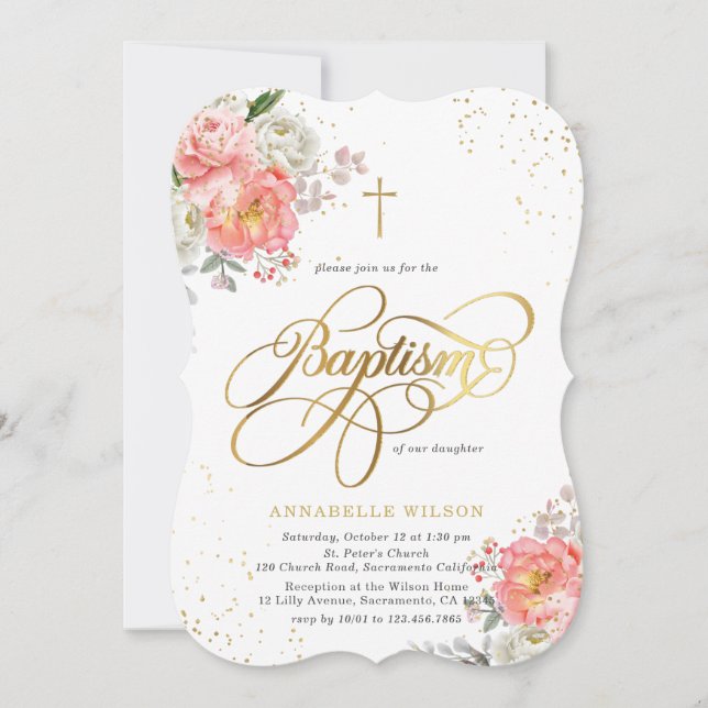 Elegant Pink & Gold Floral Girl Baptism Invitation (Front)
