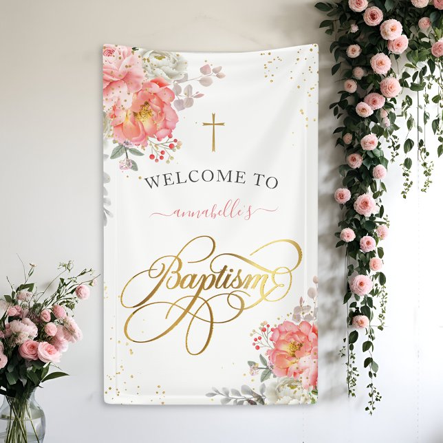 Elegant Pink & Gold Floral Girl Baptism Welcome  Banner (Creator Uploaded)