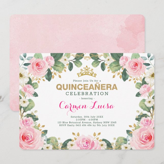 Elegant Pink Gold Floral Greenery Quinceanera Invitation (Front/Back)