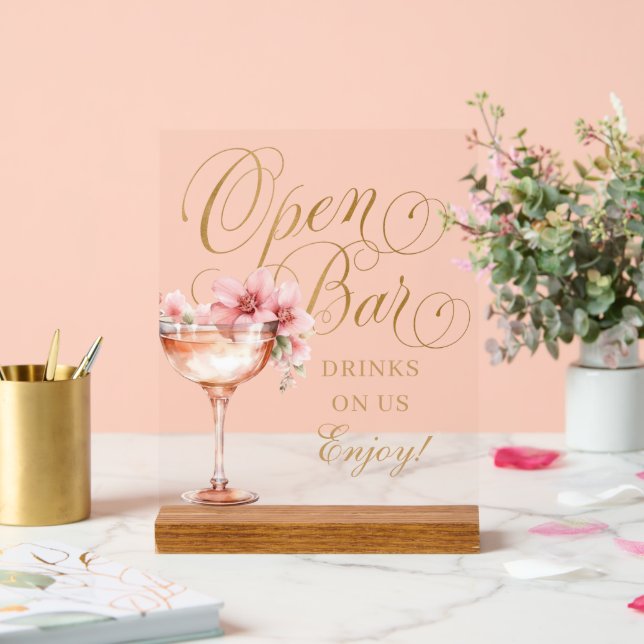 Elegant Pink Gold Floral Open Bar Acrylic Sign (Wedding)