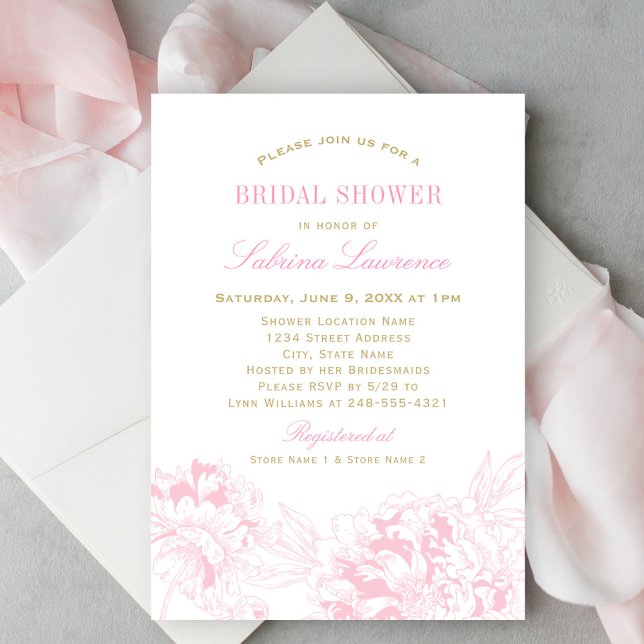 Elegant Pink Gold Floral Peony Wedding Shower Invitation (Creator Uploaded)