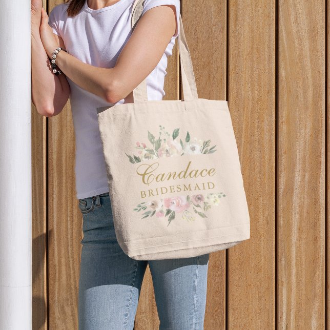 Elegant Pink Gold Floral Personalized Bridesmaid Tote Bag (Creator Uploaded)
