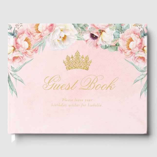Elegant Pink & Gold Floral Quinceañera Guest Book (Front)