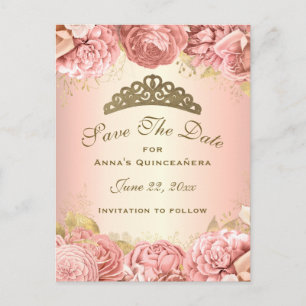 Elegant Pink Gold Floral Quinceanera Save The Date Postcard