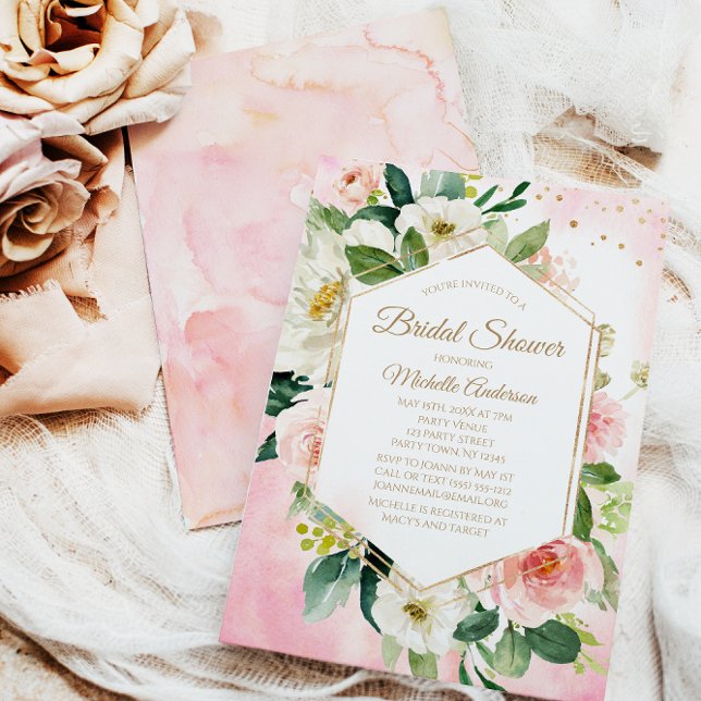 Elegant Pink Gold Floral Rose Bridal Shower Invitation (Creator Uploaded)