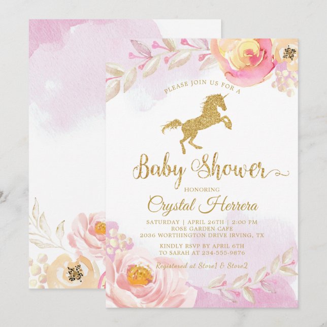Elegant Pink & Gold Floral Unicorn Baby Shower Invitation (Front/Back)