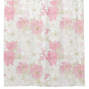 Elegant Pink & Gold Floral Watercolor Paint Shower Curtain
