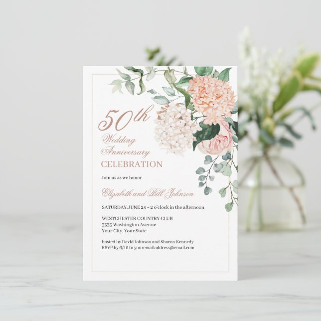 Elegant Pink Gold Floral Wedding Anniversary Invitation (Standing Front)