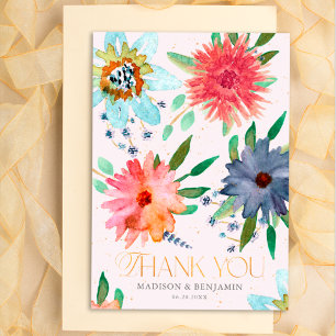 Elegant Pink Gold Floral Wildflower Wedding Photo Thank You Card