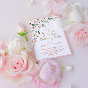 Elegant Pink & Gold Floral Woman's 100th Birthday Invitation