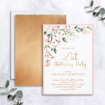 Elegant Pink & Gold Floral Woman's 21st Birthday Invitation<br><div class="desc">Modern,  elegant woman's 21st birthday party invitation featuring a beautiful pink watercolor floral motif in the top corner,  with "21st Birthday Party" and the back of the card in faux matte gold foil,  and the name in matching gold coloured text. Bordered in pink. Copyright Elegant Invites,  all rights reserved.</div>