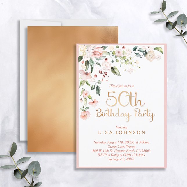 Elegant Pink & Gold Floral Woman's 50th Birthday Invitation (Easily personalize this birthday invitation with your personal details  for a very special event!)