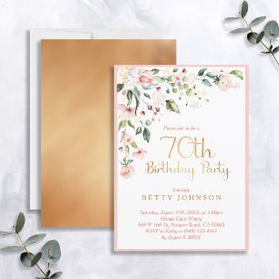 Elegant Pink & Gold Floral Woman's 70th Birthday Invitation