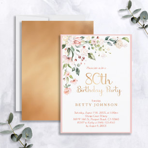 Elegant Pink & Gold Floral Woman's 80th Birthday Invitation