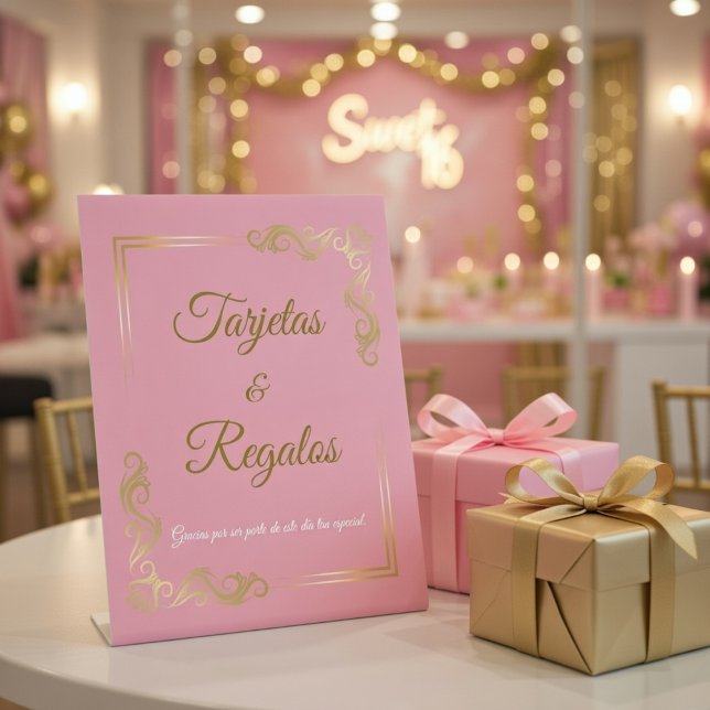 Elegant Pink Gold Frame Quinceanera Cards & Gifts Pedestal Sign (Creator Uploaded)