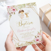 Elegant Pink Gold Geometric Floral Girl Baptism
