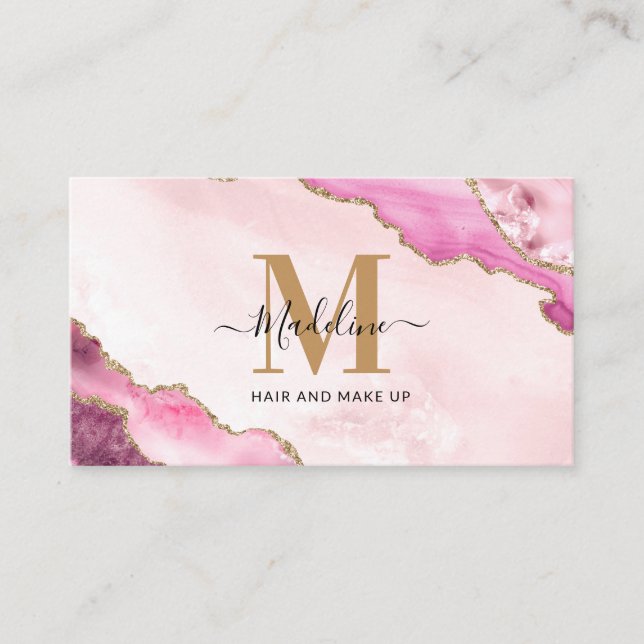 Elegant Pink Gold Glitter Agate Marble Monogram Business Card (Front)