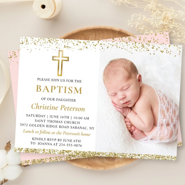 Elegant Pink Gold Glitter Cross Girl Baptism Photo Invitation (Creator Uploaded)