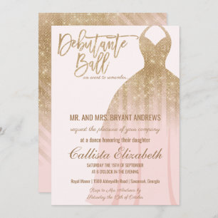 Elegant Pink Gold Glitter Dress Debutante Dance Invitation
