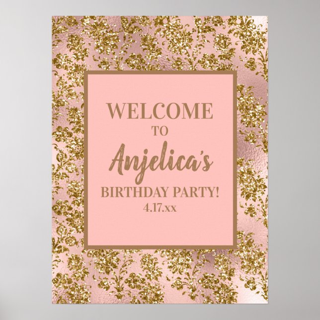 Elegant Pink Gold Glitter Girl's Birthday Party Poster (Front)