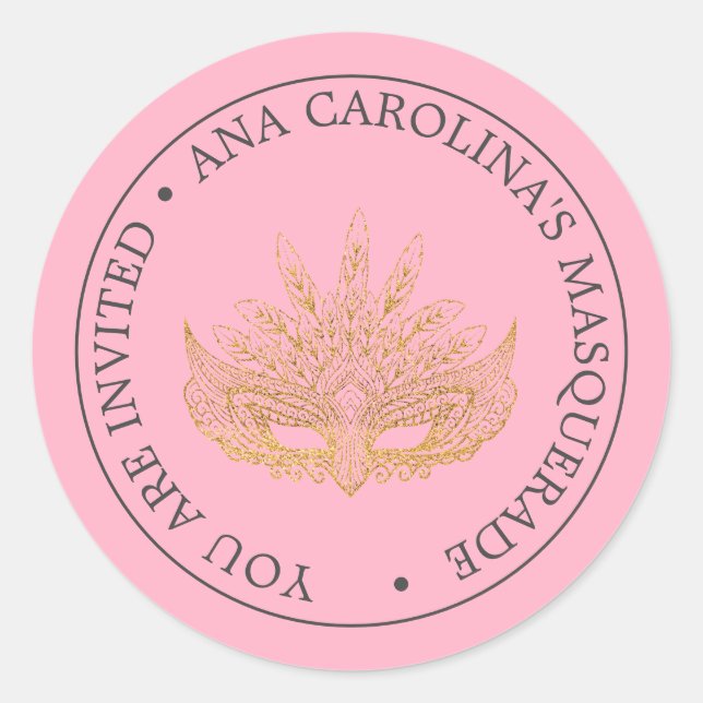 Elegant Pink Gold Glitter Masquerade Classic Round Sticker (Front)