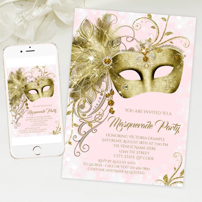 Elegant Pink Gold Glitter Masquerade Party Invitation (Pink and gold masquerade party invitation with elegant gold jewel mask. For download and print.)