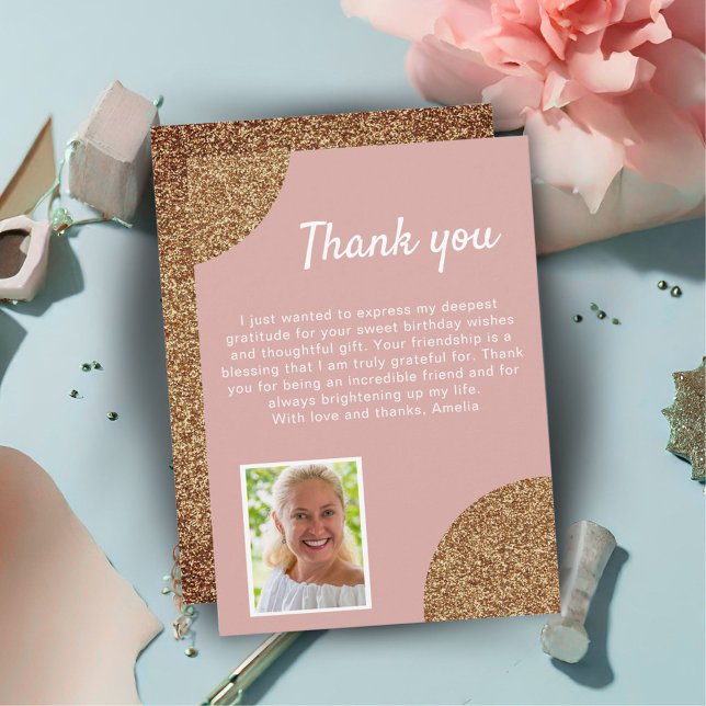 Elegant Pink Gold Glitter Photo Birthday Thank You Card (Creator Uploaded)