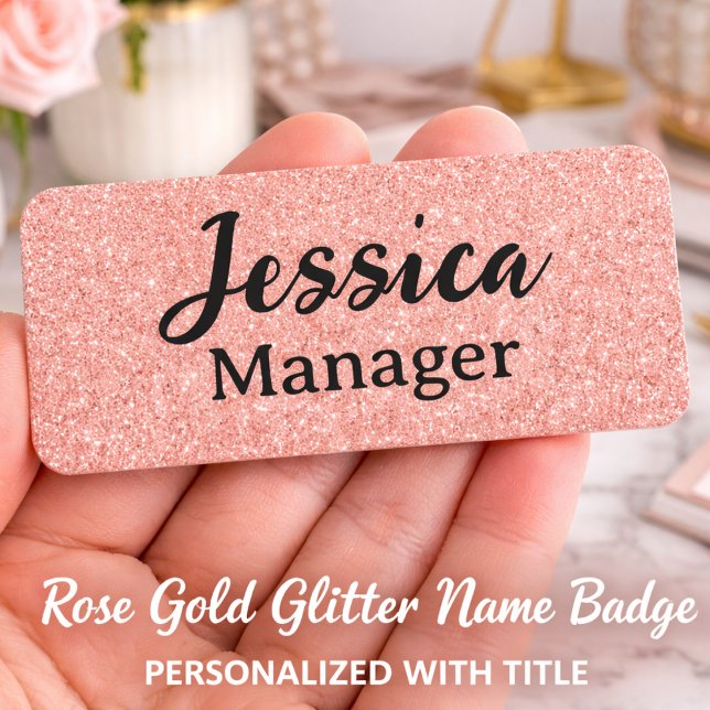 Elegant Pink Gold Glitter Salon Employee Badge (Custom Rose Gold Glitter Name Badge)