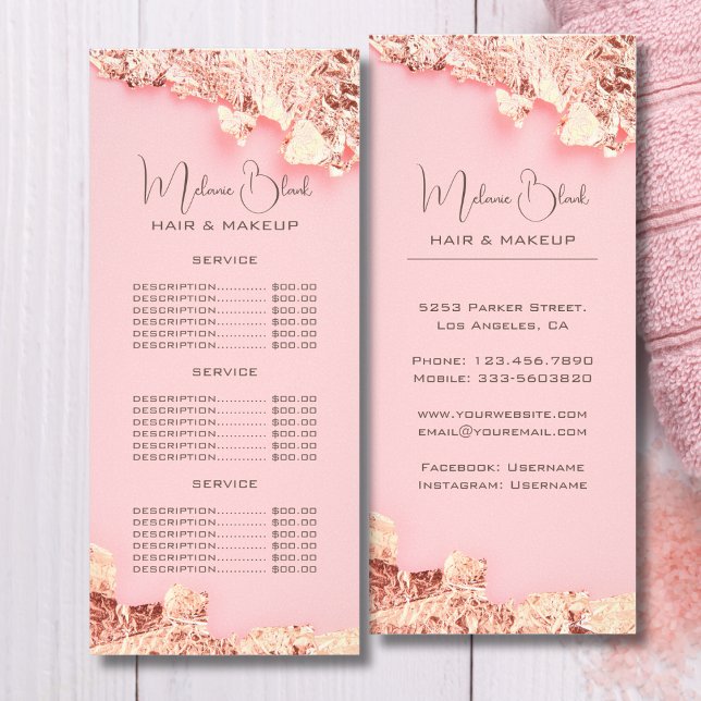Elegant Pink Gold Leaf Hair-Makeup Beauty Salon Rack Card (Creator Uploaded)