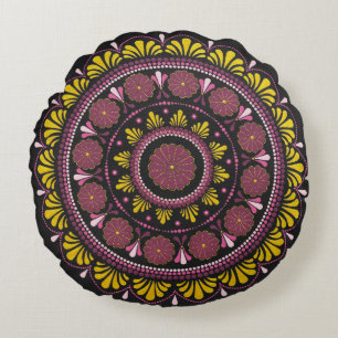 Elegant Pink Gold Mandala, Boho Zen Dot Art Flower Round Cushion