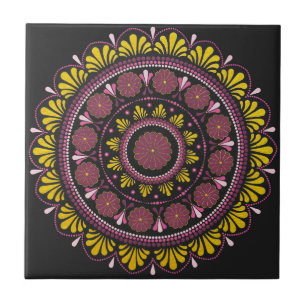 Elegant Pink Gold Mandala, Boho Zen Dot Art Flower Tile