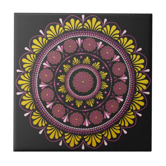 Elegant Pink Gold Mandala, Boho Zen Dot Art Flower Tile (Front)
