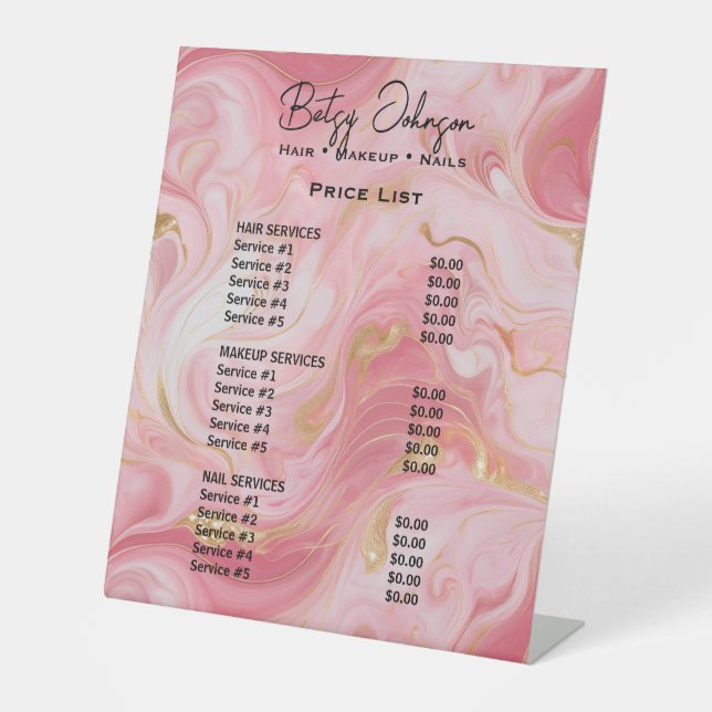 Elegant Pink & Gold Marble Beauty Salon Price List Pedestal Sign (Front)