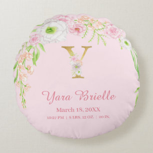 Elegant Pink Gold Monogram "Y" Baby Girl Stats Round Cushion