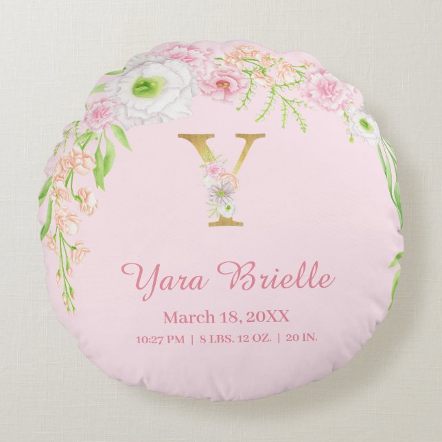 Elegant Pink Gold Monogram "Y" Baby Girl Stats Round Cushion (Front)