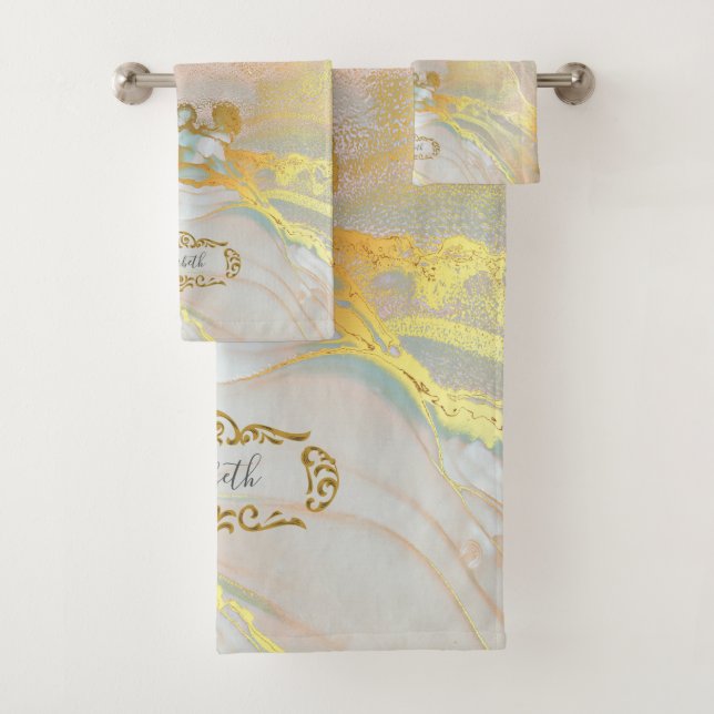 Elegant Pink Gold Monogrammed Bath Towel Set (Insitu)