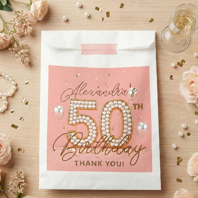 Elegant Pink Gold Pearls 50th Birthday Party Favour Bags (Creator Uploaded)