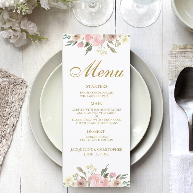 Elegant Pink Gold Peony Floral Wedding Dinner Menu (Creator Uploaded)