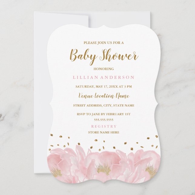 Elegant Pink Gold Peony Girl Baby Shower Invitation (Front)