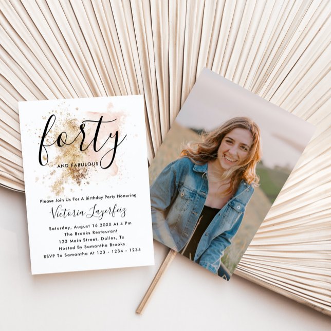 Elegant Pink & Gold Photo 40th Birthday Party Invitation (Creator Uploaded)