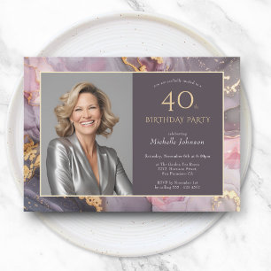 Elegant Pink Gold Photo Agate 40th Birthday Invitation