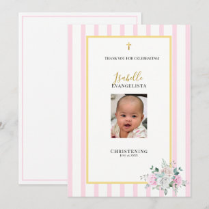 Elegant Pink Gold Photo Christening Thank You Card