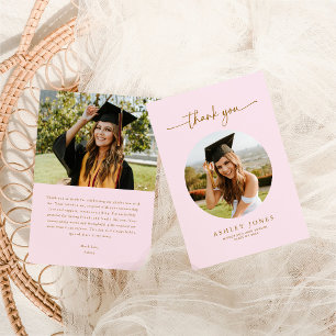 Elegant Pink & Gold Photo Graduation Party Thank You Card