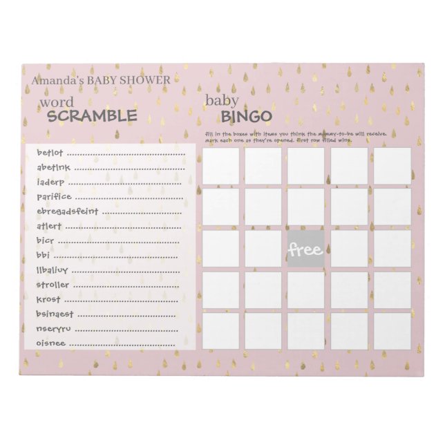 Elegant Pink & Gold Raindrops Baby Shower Games Notepad (Front)