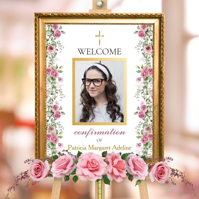Elegant Pink Gold Rose Confirmation Welcome Sign (Elegant pink rose and gold floral greenery confirmation baptism welcome sign for religious ceremony)